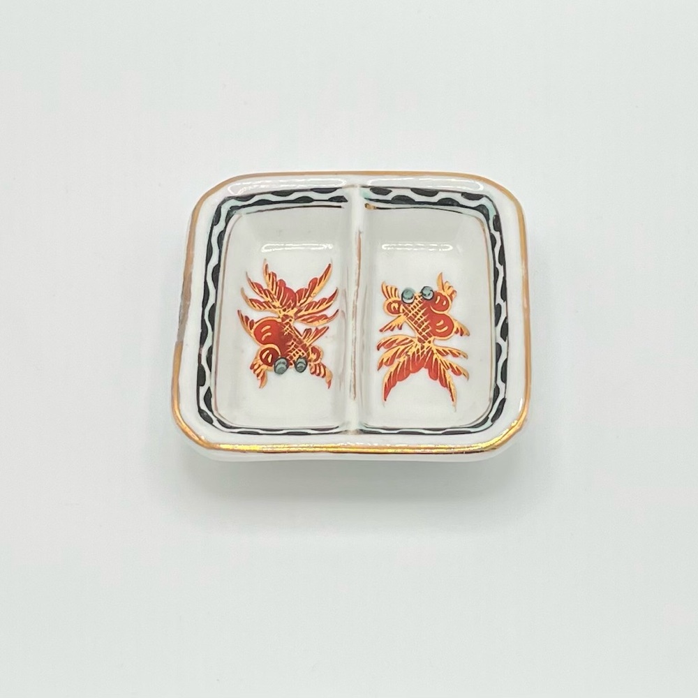 Vintage Japanese Porcelain TFF Koi Fish Soy Sauce Divided Dipping Dish Tray